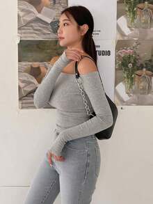 Camiseta ajustada de mujer de cuello de pico, azul marino sólido, ropa de primavera/verano/otoño, top de mujer de manga larga con hombros descubiertos - Gris 4 - Ver 7