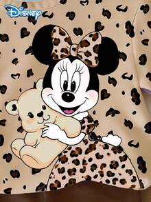 Disney 迪士尼女婴米奇米妮豹纹短袖T恤和纯色弹力腰短裤套装，可爱夏季休闲度假装 - 咖啡棕 - 查看 6