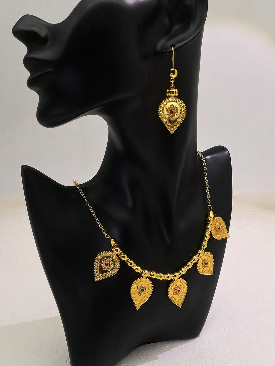 3pcs/Set Vintage Teardrop Colorful Gemstone Necklace & Earrings Jewelry Set - Water Droplets - View 1