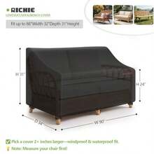 RICHIE - Funda de sofá de 3 plazas resistente al agua para exteriores con ventilación de aire resistente a los rayos UV para muebles de patio de 90 pulgadas de ancho x 34 pulgadas de profundidad - 1 paquetenegro - Ver 3