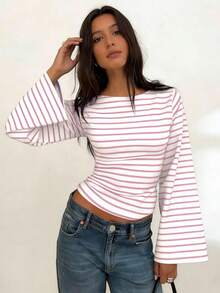 Striped Contrast Rib Knit Long Sleeve T-Shirt For Women, Casual Everyday Wear - Purple Powder - View 5