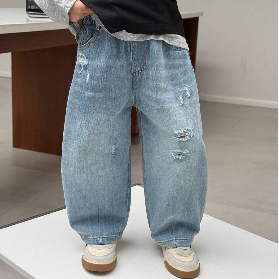 2026 Nouveaux jeans déchirés amples et décontractés pour garçons, à la mode automne - Bleu azur - Voir 1