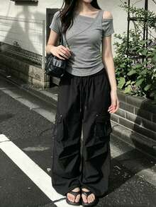 韓式風格夏季不對稱露肩 2合1 修身拼接短袖女款休閒T恤 - 灰色 - 查看 6