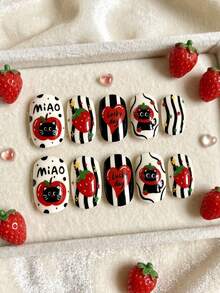 24pcs Y2K Style Kids Press-On Nails, Cartoon Black Cat & Strawberry Theme Acrylic Nail Tips, Pre-Glued Full Cover Shiny Cute Patterns Include Black Cats, Cats Hiding In Red Strawberries, Soft And Adorable; Paired With Bright Red Strawberries, Red Hearts, Black & White Stripes, Star Decorations, Minimalist Yet Stylish, Full Of Childlike Charm. Suitable For Girls Gifts, Birthday Parties And Makeup Decoration - Multicolor - View 4
