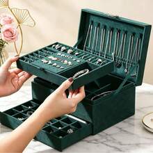 Large Capacity Lockable Velvet Jewelry Box With Drawers, Suitable For Storing Necklaces, Earrings, Rings, Bracelets, Great Gift For Women - Multicolor - View 5