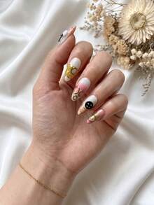 10 miếng móng tay giả dáng hạnh nhân độ dài trung bình phong cách Y2K làm thủ công, phong cách punk đính lỗ và trang trí 3D, đầu nhọn kiểu Pháp, đi kèm bộ nail art có thể tháo rời và tái sử dụng (bao gồm keo và dũa móng) - Màu Hồng baby - Xem 4