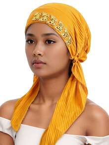 1pc Crinkle Solid Color Turban Hijab With Gold Rhinestone Decor, Stretchy Pre-Tied Head Scarf For Muslim Women, Instant Head Wrap Cap - A - View 7