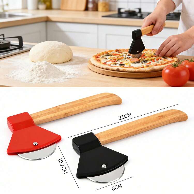 Set Of 4 Pizza Cutters With Bamboo Handles And Sharp Rotating Blades, Perfect For Pizza, Bread, Cakes, And More-Red And Black Color Scheme - 查看 3