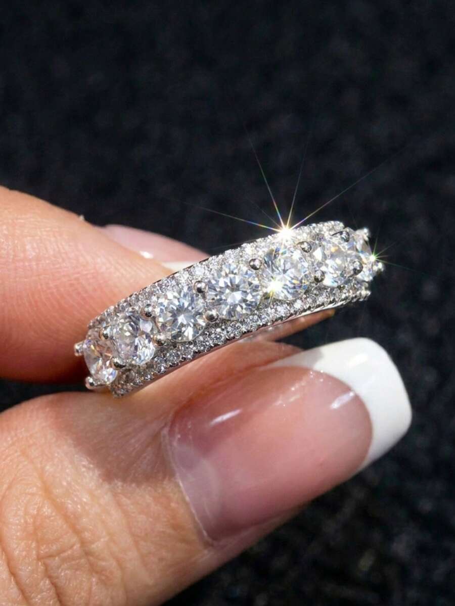 1pc Sparkling Full Rhinestone Half-Row Ring, Copper With Zirconia Stones, Luxury Wedding Ring Alternative, Open Adjustable Wide Band Ring - Silver - View 1