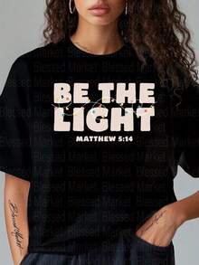 100% Polyester Fiber, Women's Christmas Sweatshirt 2026, 1 Piece Of Women's Casual T-Shirt With 2D Flat Print "Be The Light Matthew 5:14", Short Sleeve, Round Neck, Regular Fit, All-Season T-Shirt, Knitted Fabric, Suitable For Thanksgiving And Christmas. - 黑色 - 查看 5