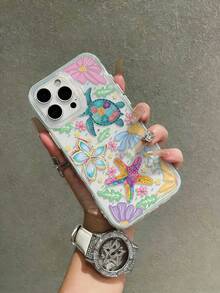 1pc Contrast Color Turtle & Starfish Pattern Phone Case Compatible With 17/17Pro/17ProMax, 16/16Pro/16ProMax, 15/15Pro/15ProMax, 14/14Pro/14ProMax, 13/13Pro/13ProMax, 12, 11, Coastal Style - Multicolor - View 4
