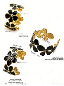 3 PIEZAS Pulseras de acero inoxidable para mujer con diseño minimalista de moda vintage elegante, forma de flor de plumeria/flor de cuatro hojas asimétrica, adecuadas para uso diario/fiesta/banquete nocturno/desplazamiento/té de la tarde/pueden ser un regalo festivo para seres queridos - Amarillo Oro - Ver 13