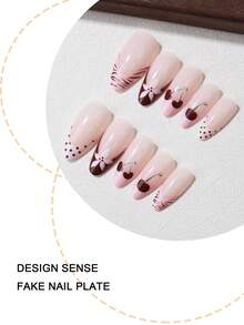 24 pièces Autocollants d'ongles pointus doux de style français cerise, design cerise + pois + floral, convient pour le port quotidien prolongé des femmes, set de faux ongles d'été - Rose bonbon - Voir 2