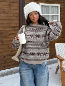 Plus Size Women's Vintage Fair Isle Pattern Sweater, Round Neck Long Sleeve Loose Fit, Casual Retro Autumn/Winter - Grey - View 4