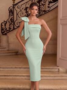 ADYCE Vestido de cóctel o fiesta de noche de largo midi, sin tirantes, con abertura en la espalda y decoración de lazo en color liso - verde claro - Ver 3