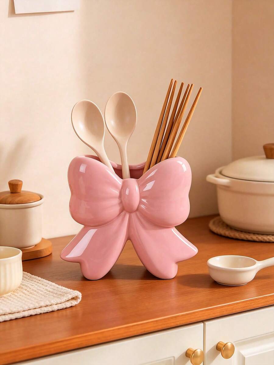 Pink Bow Resin Cutlery Storage Box, 3D Playful Bow Cooking Utensil Jar, Household Kitchen Countertop Storage Organizer - Multicolor - View 1