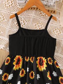 Girls' Summer Solid Color Patchwork Daisy Print Button Decor Casual Dress, Youthful And Stylish Girl Outfit - Black - View 5