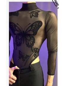 Men's Butterfly Print Sheer Mesh Bodysuit, Long Sleeve High Neck Sexy Lingerie, Unisex Sheer Bodysuit For Men Role Play  Intimate Wear - Black - View 4