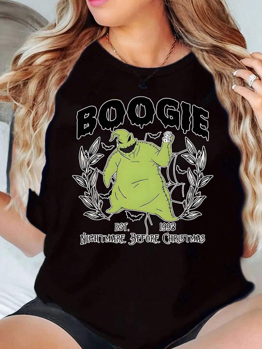 Boogie Man Nightmare Before Christmas Character Print Disney Women T Shirt Round Neck Short Sleeve Halloween Christmas Soft Comfortable 220g - màu đen - Xem 1