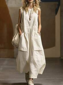 2026 Spring/Summer New Loose Sleeveless Dress With Three-Dimensional Pockets - Milky - View 1