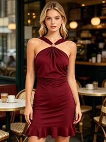 Women's Y2K Black Halter Bodycon Dress, Gold Accent  Ruffle Hem. Halter Neck Mini Dress, Ruched Waist With Ruffle Hem - Burgundy - View 5