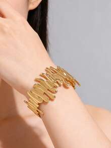 2PCS/1pc Minimalist Fashion Natural Elegant Style Plumeria/Asymmetrical Lava Bracelet Design Stainless Steel Women's Bracelet Suitable For Women's Daily Wear/Party/Commute/Dinner/Afternoon Tea/Can Be Given As A Holiday Gift To Friends - Yellow Gold - View 9