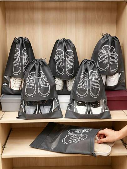 20pcs/10pcs/5pcs Non-Woven Transparent Window Shoe Bags With Drawstring, Top Half Printed With Cute Shoe Pattern, Bottom Transparent Window For Easy Shoe Viewing, Durable Non-Woven Fabric, Dust-Proof And Moisture-Proof, Suitable For Travel And Wardrobe Organization, Available In Black And Gray