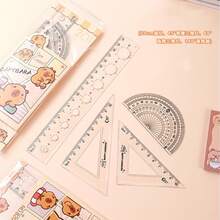 Juego de 4 reglas con diseño de capibara de dibujos animados, regla recta de plástico transparente, regla triangular y transportador, herramientas de medición y dibujo geométrico, juego de papelería estudiantil adorable, artículos esenciales para la vuelta a la escuela, regalo perfecto para fiestas y vacaciones - Conjuntos - Ver 3