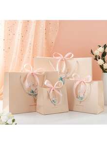 1/5PCSins Floral Print Gift Tote Bags, Pink Bow Favor Bags, Multiple Sizes Holiday Gift Packaging Paper Bags - Multicolor - View 3