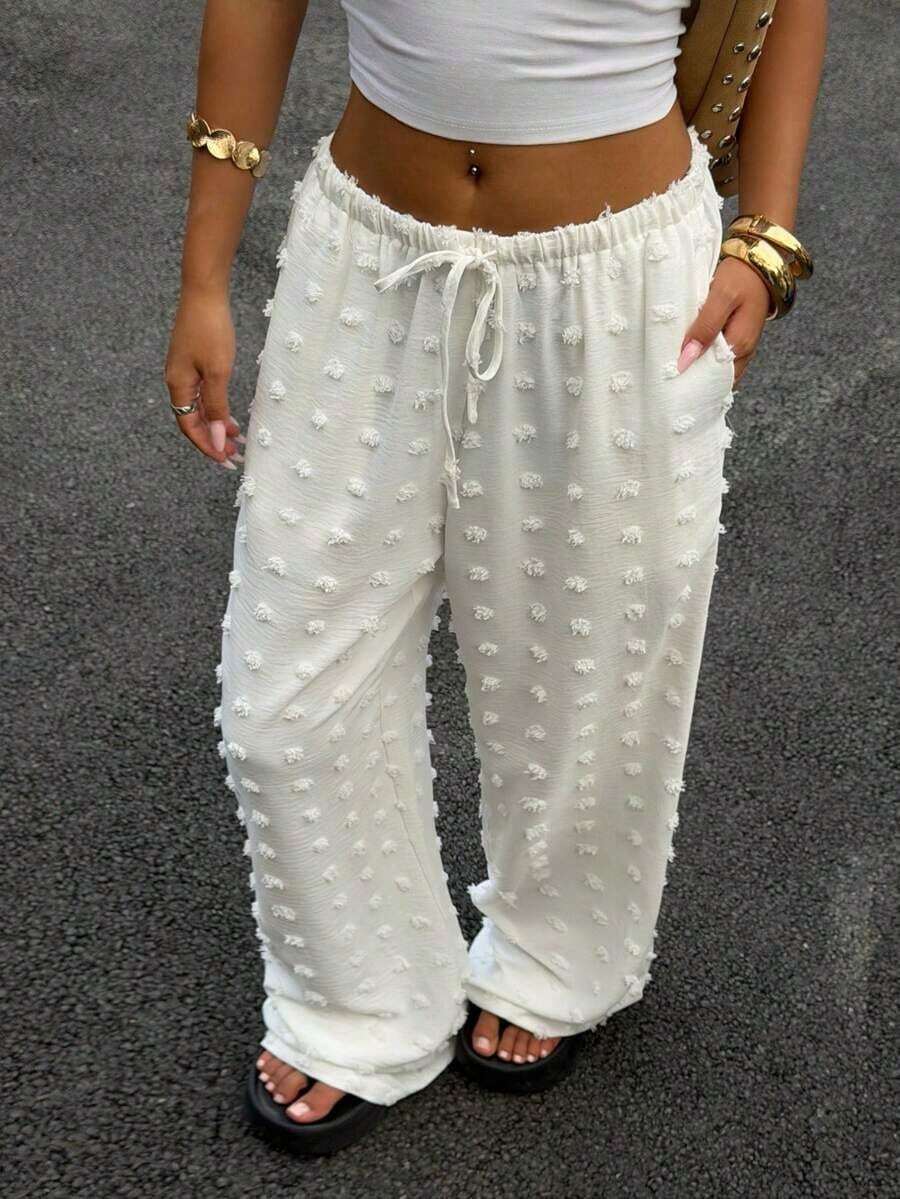Pantalones anchos de uso diario con cintura con cordón y lunares para mujer - Blanco - Ver 1