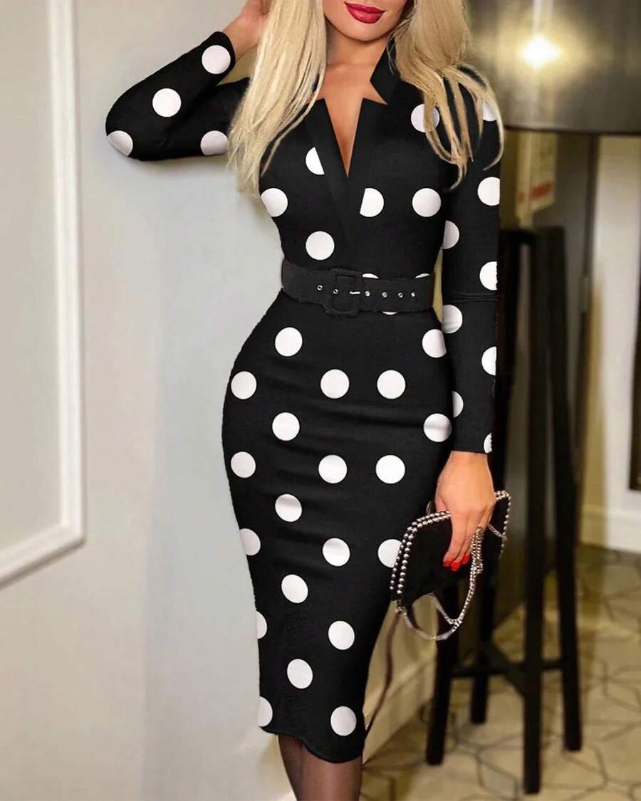 Vestido elegante con estampado y cuello en V, manga corta con cinturón, para mujer, ropa informal elegante para primavera y verano - Negro - Ver 1