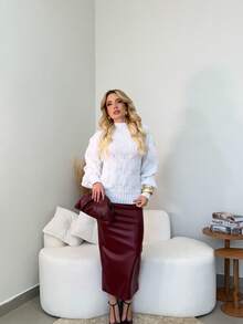 Women's Winter Woolen Turtleneck Sweater With Braided Knit Detail - White - View 2