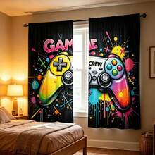 2 piezas Combinación de pantalla de ventana digital de alta definición, impresa con colores vibrantes y diseño de controlador de juego estilo graffiti, tela de poliéster lavable a máquina, perfecta para la decoración del hogar en la sala de estar y el dormitorio, mejora el efecto visual de las barras de cortina en el dormitorio y el estudio - Multicolor - Ver 4
