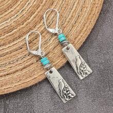 Vintage-Style Bird Pattern Rectangular Pendant Earrings, Inlaid With Artificial Turquoise, Exquisite Jewelry Accessories Suitable For Women's Casual Daily Wear - Silver - View 2