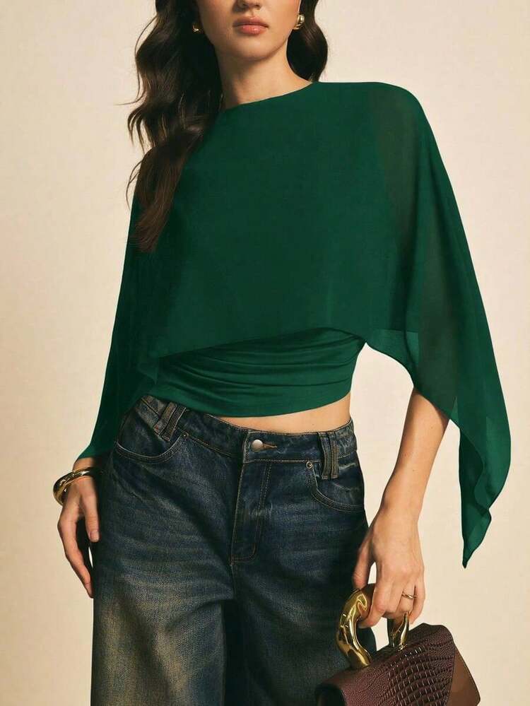 Blusa de mujer de unicolor con cuello redondo, diseño asimétrico y drapeado de moda LMCV - Verde Oscuro - Añade 7