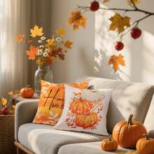 4pcs Autumn Home Decor Pillow Covers, Thanksgiving Pumpkin Linen Pillowcases, Sofa, Autumn Holiday Outdoor, Burnt Orange And White Decorative Single-Sided Without Pillow Insert - Burnt Orange - View 6