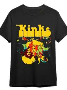 Camiseta Gráfica Vintage de "The Kinks" para Hombre - Estampado de Banda en Negro, Top Casual Cómodo para Todas las Temporadas, Lavable a Máquina, Elasticidad Media, Cuello Redondo, Ropa Cas - Negro - Ver 1