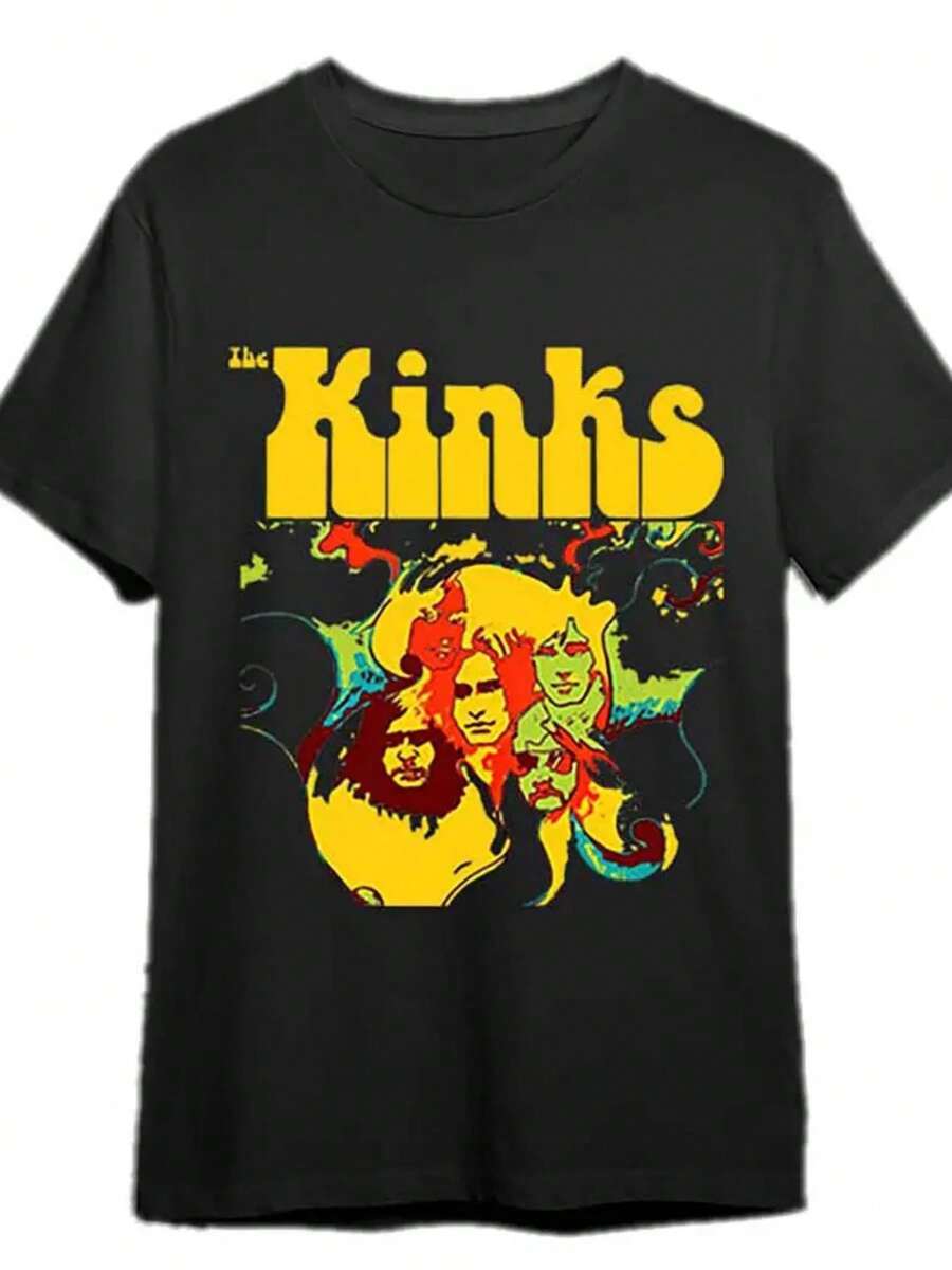 Camiseta Gráfica Vintage de "The Kinks" para Hombre - Estampado de Banda en Negro, Top Casual Cómodo para Todas las Temporadas, Lavable a Máquina, Elasticidad Media, Cuello Redondo, Ropa Cas - Negro - Ver 1
