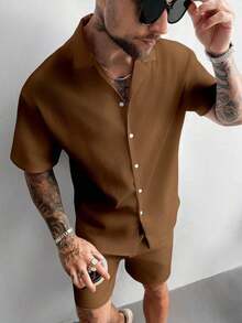 Set de 2 piezas Conjunto de verano para hombres, camisa de lino cubano ligera y transpirable y conjunto de pantalones cortos con cordón, estilo caballero vintage casual para playa, boda, fiesta, vacaciones, regalo del Día del Padre para esposo, papá, novio, cómodo y versátil - Marrón - Ver 6