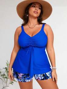 2026 New Women's Plus Size Blue Tankini Swimsuit, Drawstring V-Neck Two Piece Bathing Suit With Shorts - 藍色 - 查看 4