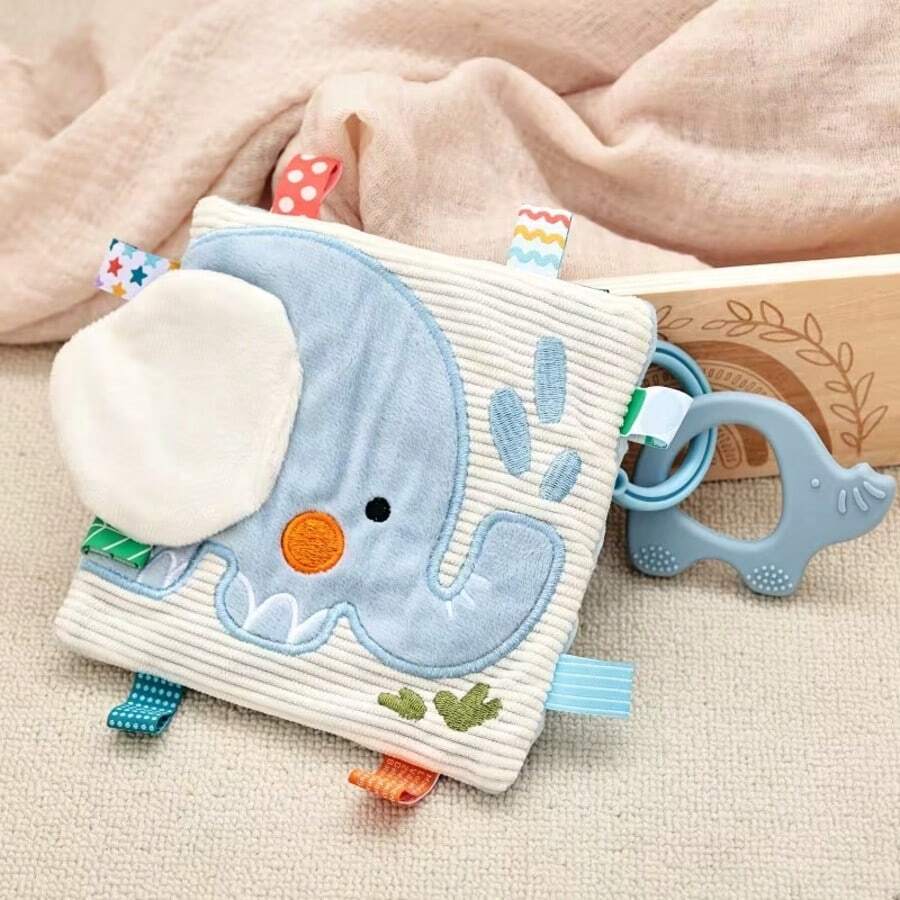 Mainan Gajah Edukasi Dini untuk Bayi, Tahan Sobek, Dilengkapi Gigitan, Desain Jepit untuk Mencegah Hilang, Interaksi Orang Tua-Anak, Pengenalan Hewan Kartun, Hadiah Sensorik Multifungsi