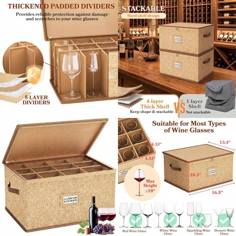 Caja de almacenamiento para copas de vino con divisores cajas de almacenamiento con asas y etiqueta carcasa dura apilable caja de almacenamiento de China de 0 pulgadas de alto para cristalería - Lino - Ver 1