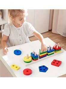 Juguete de apilamiento de madera colorido - Torre de clasificación de formas, ayuda con el reconocimiento de formas y el entrenamiento de habilidades motoras finas, bloques de construcción educativos - Multicolor - Ver 4