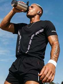 Men's Summer Cool Elastic Ice Silk Short Sleeved Ice Silk Quick Drying Sports Shorts Set Suitable For Fitness Running Training Outdoor Running Wear - Black - View 2