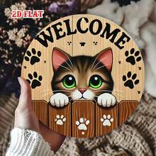 Placa de Metal Plana 2D - Alumínio, com Design Fofo de Gato, Diâmetro de 7,8 Polegadas. Esta peça de arte de parede em estilo rústico é perfeita para decorar sua casa, garagem, área de jantar ou café. - A - Visão 7