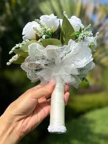 10-Inch Heart Crystal Bridal Bouquet, Lace Bow Silk Rose Wedding Ceremony Prop, Graduation Prom Gift - Multicolor - View 12