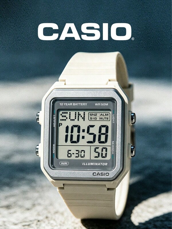 Đồng hồ thể thao nam Casio: Màn hình kỹ thuật số, dây đeo nhựa màu be, chống nước 50M, đồng hồ đeo tay điện tử đa chức năng W-221H-8AV