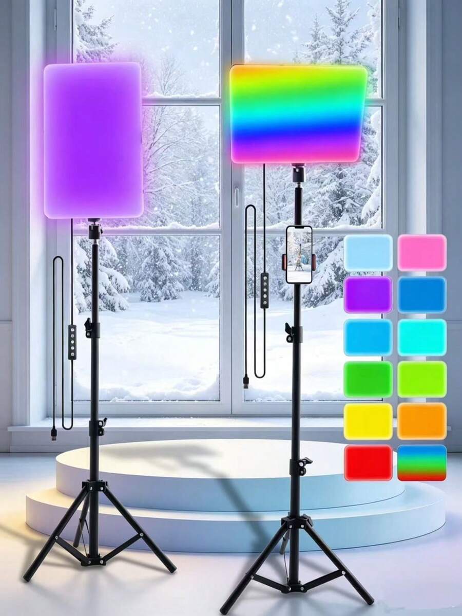 10-Inch Square LED Video Light/RGB Mode Flat Panel Fill Light, Comes With An Adjustable 43-Inch (110 Cm) Tripod And Phone Holder, 38 Colors, 10 Levels Of Adjustable Brightness, USB Powered, Suitable For Live Streaming And Photography; Portable Multi-Functional Fill Light, Professional Studio Lighting Kit, Supports Multi-Angle Shooting And Photography. The Stabilizer Supports DIY And Is Compatible With Various Mobile Phones, Cameras, Fill Lights And Other Devices. - Black - View 1