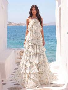 Elegante vestido maxi romántico de gasa, decoración de cuello con flores 3D - Exquisita impresión floral, dobladillo con volantes multicapa, silueta fluida hasta el suelo | Ideal para bodas románticas en jardines y elegantes noches de citas en primavera - Albaricoque - Ver 1