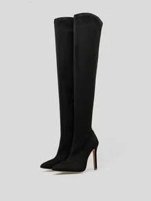 Women's Suede Pointed Toe Side Zipper Thigh High Boots, Sexy Classic Fashion Boots For Autumn/Winter - Black - View 6